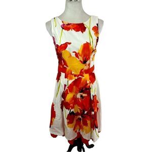 Studio One New York Floral knee length sleeveless dress white orange flowers